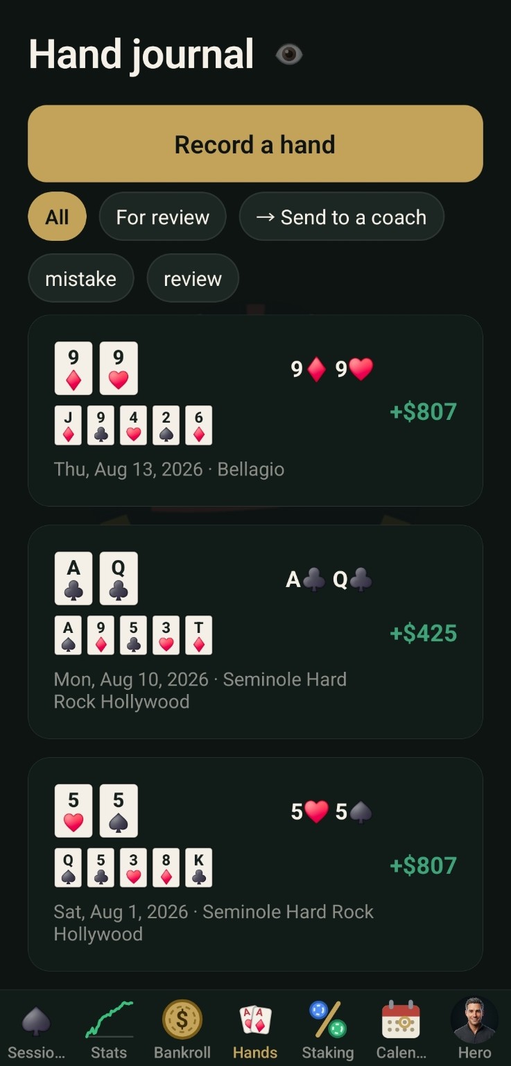 Saved poker hands with hole cards, boards, tags, results and poker rooms