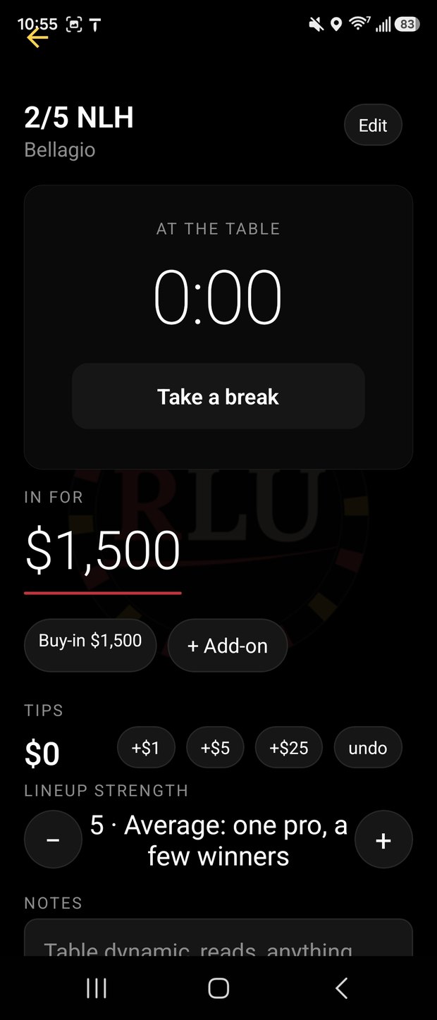 Live poker session with the clock, buy-in, tips, notes and lineup rating
