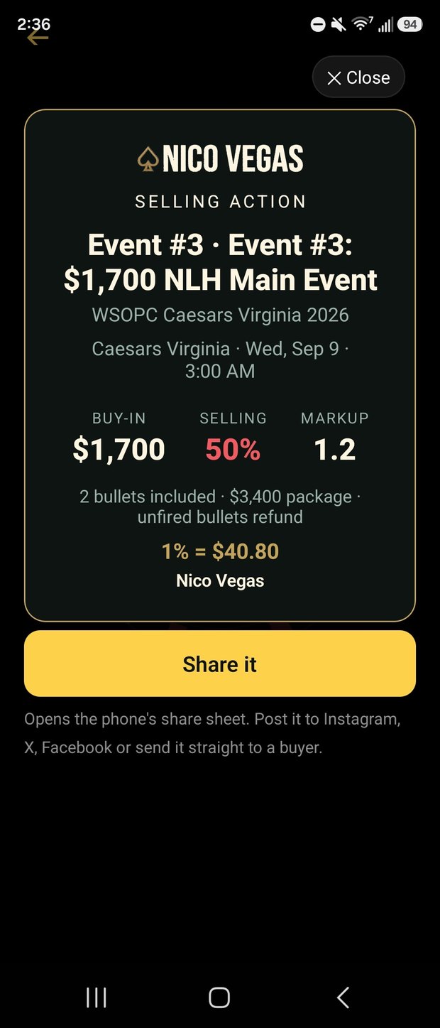 Sale flyer with event, buy-in, markup, percentage available and price per point