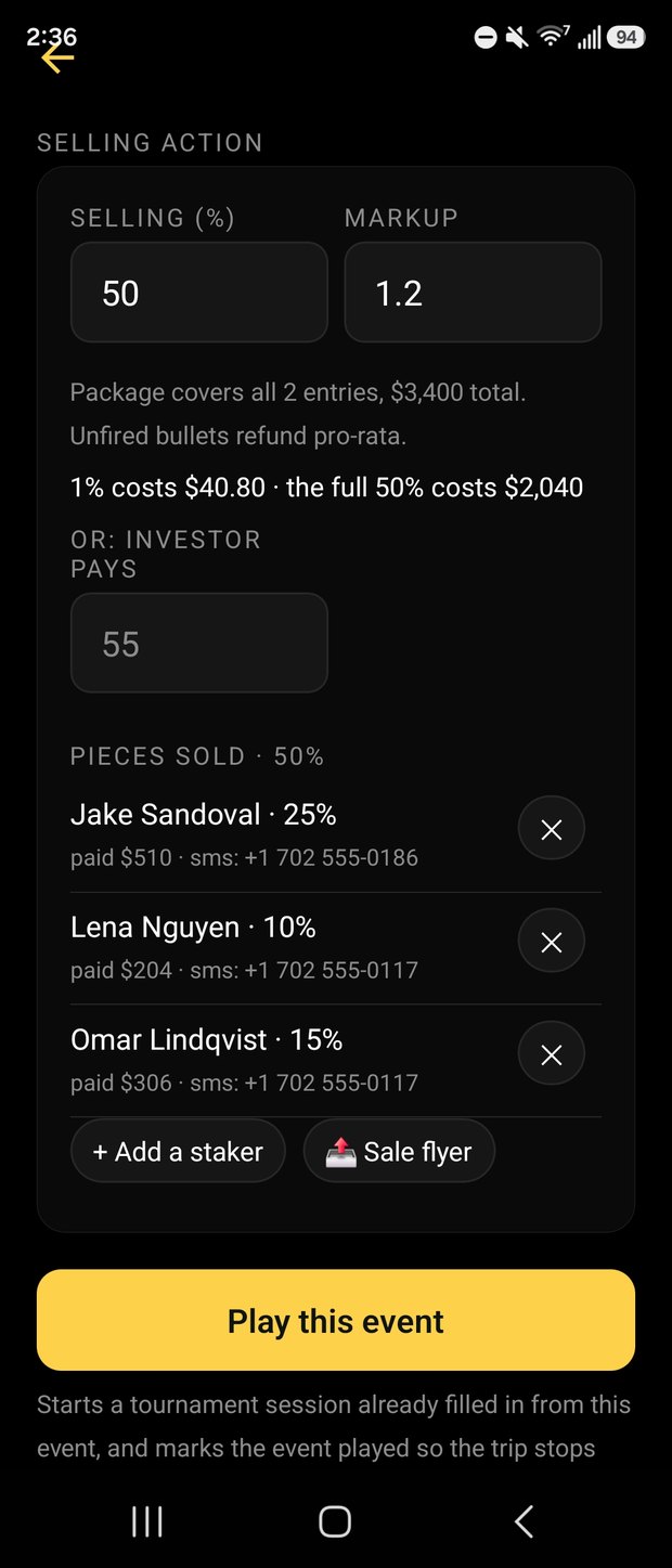 Poker action sale with markup, percentage sold, price per point and buyers
