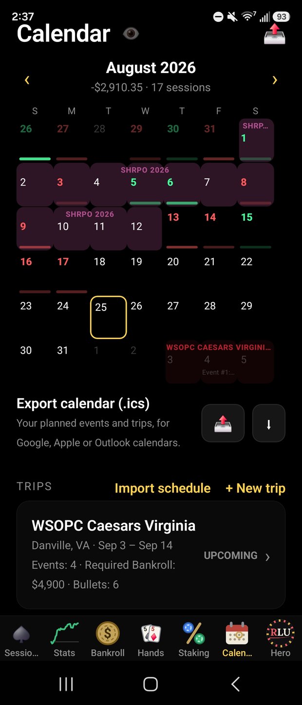 Calendar showing poker results by day, a trip and upcoming events